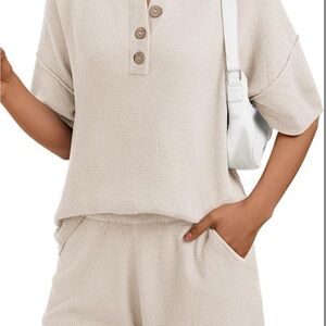 Cream Knit Button-Up Top and Shorts Set